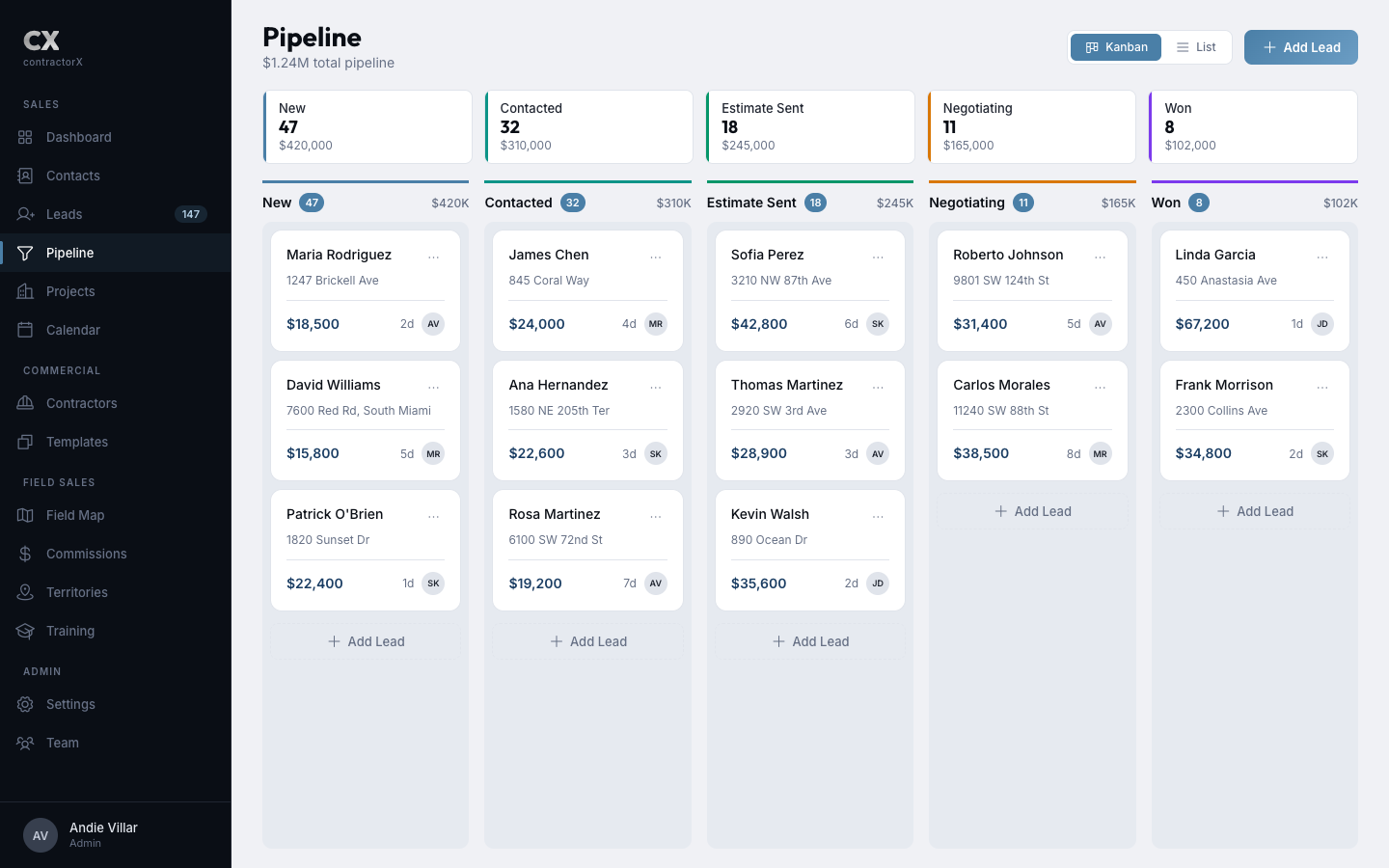 ContractorX Deal Builder V3 with pipeline and instant proposals
